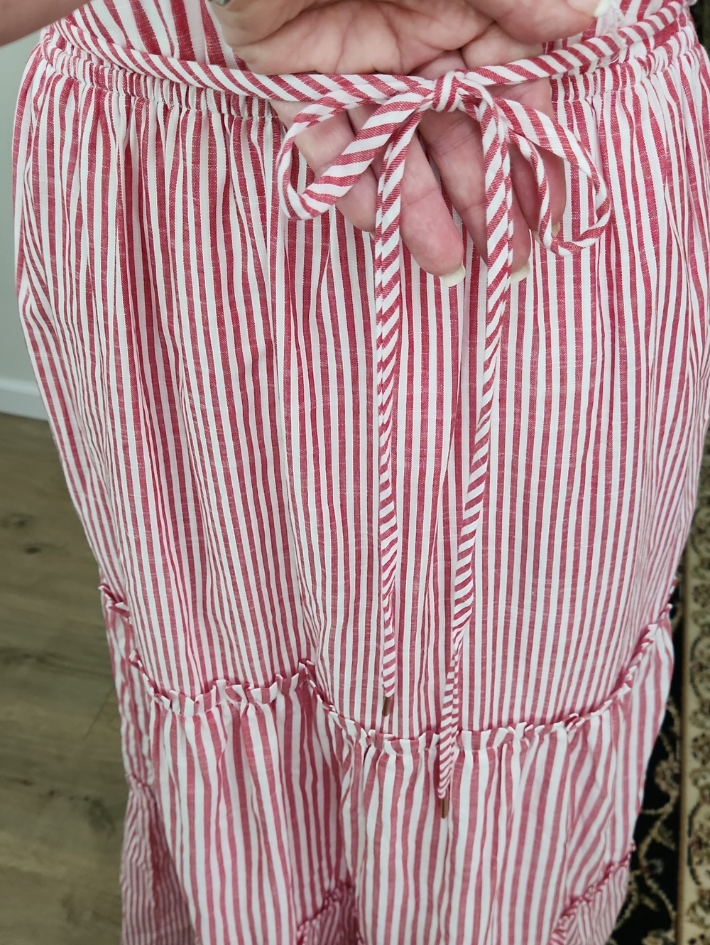 DRAPER JAMES RSVP Puff Sleeve Tiered Maxi Dress Red White Striped Size Medium - Picture 10 of 16